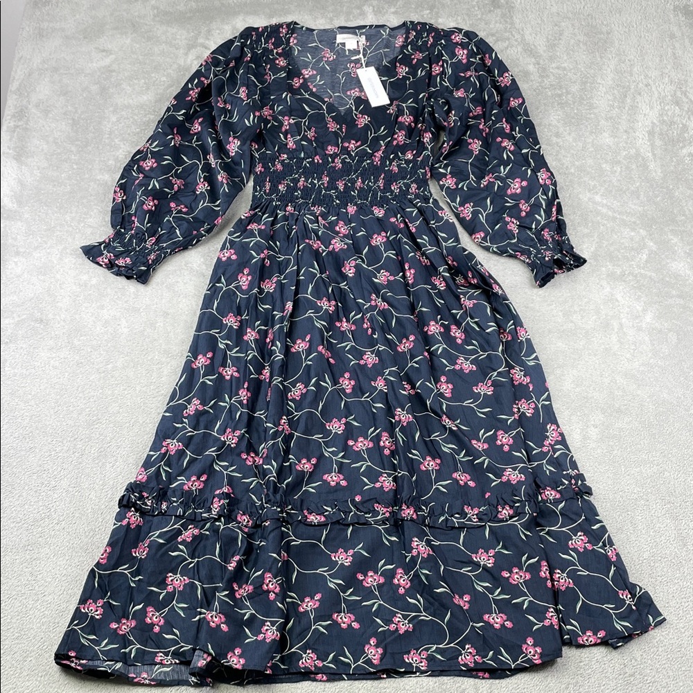 NEW Outerknown S Organic Cotton Silk Hemp Floral Oceana Midi Long Sleeve Dress